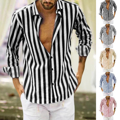 Men's Summer Sequin Cotton Linen Striped Button Down Shirt.