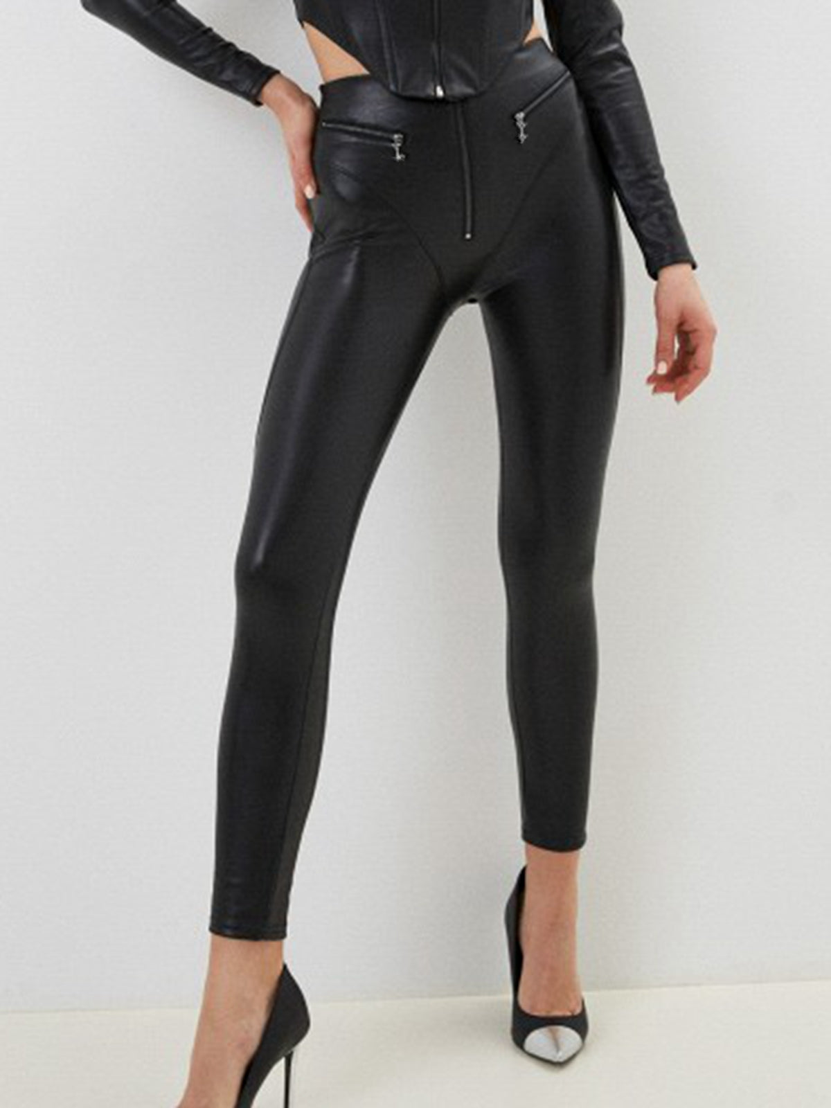 Female Fly-eye PU Zipper Hip-lift Leggings