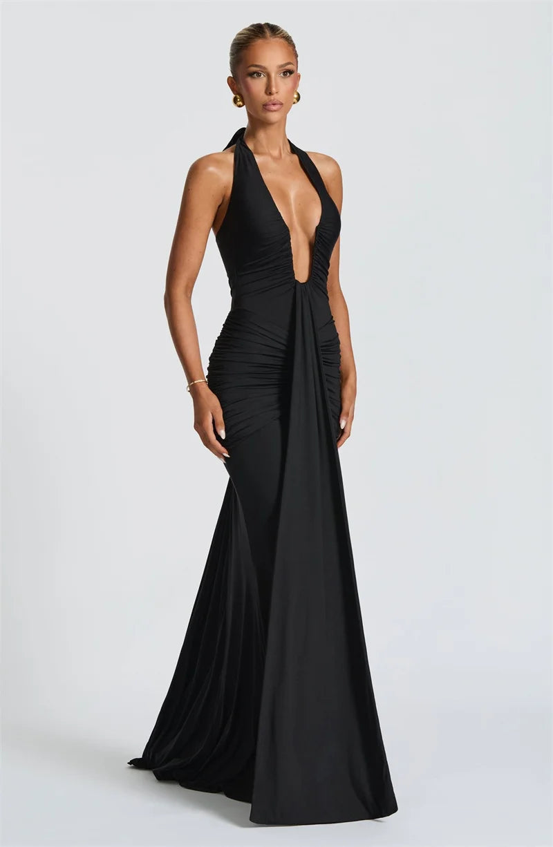 Solid Color Elegant Halterneck V-neck Open Back Tie Gathered Maxi Dress