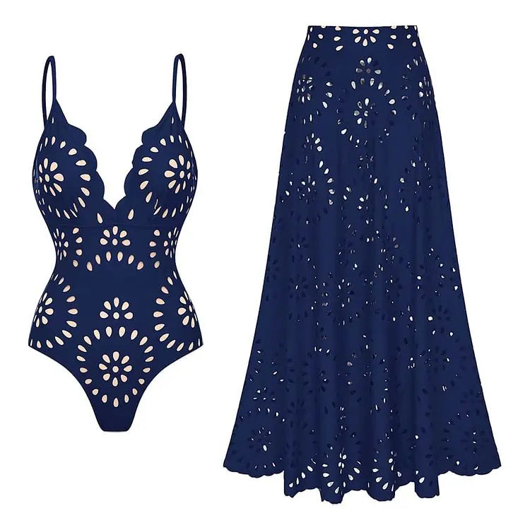 Flower Hollow One Piece Swimsuit & Skirt Set