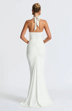 Solid Color Elegant Halterneck V-neck Open Back Tie Gathered Maxi Dress