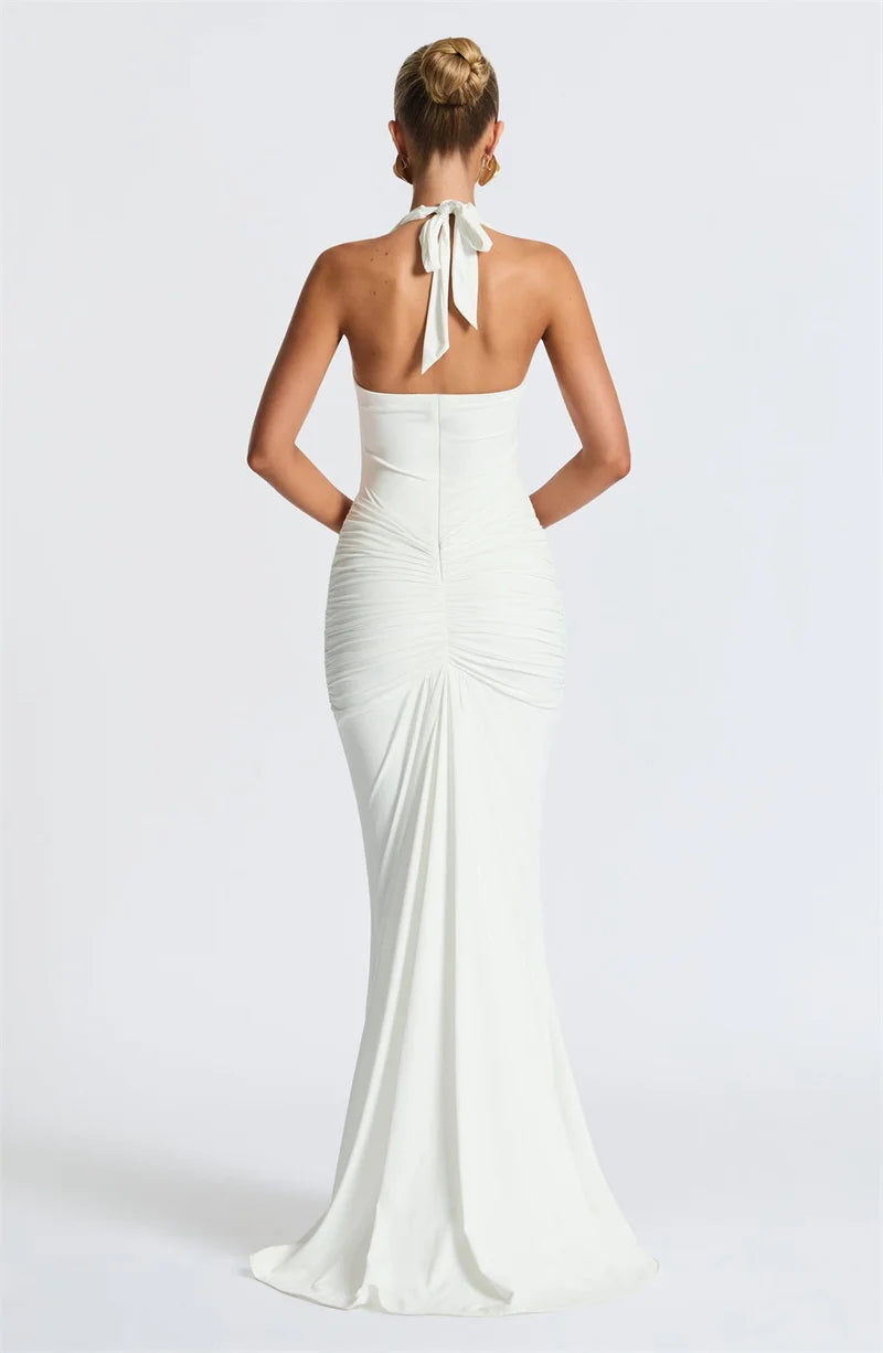Solid Color Elegant Halterneck V-neck Open Back Tie Gathered Maxi Dress