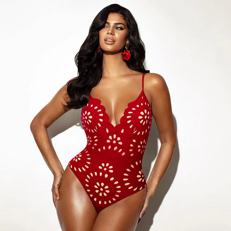 Flower Hollow One Piece Swimsuit & Skirt Set