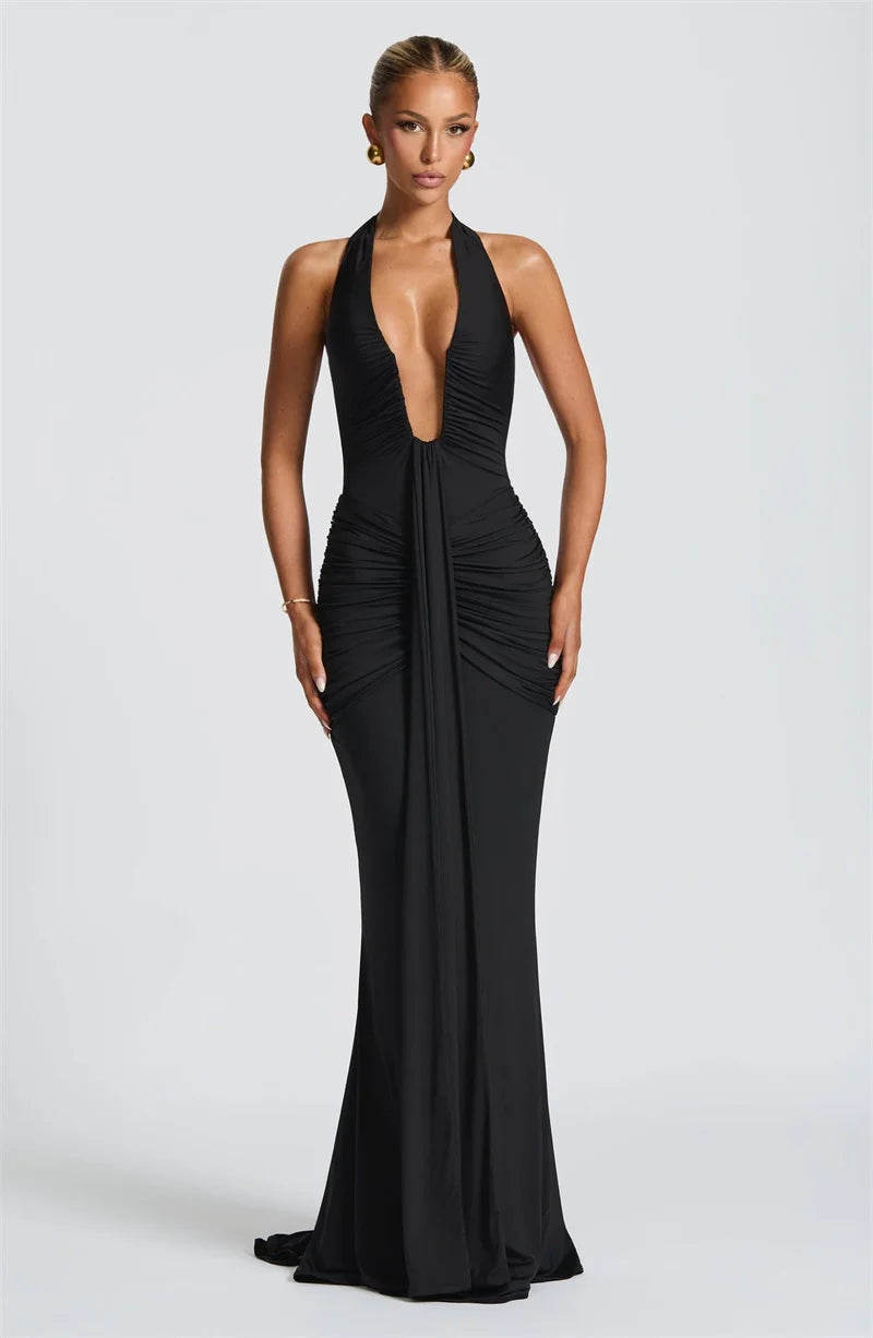Solid Color Elegant Halterneck V-neck Open Back Tie Gathered Maxi Dress
