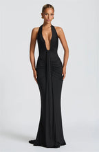 Solid Color Elegant Halterneck V-neck Open Back Tie Gathered Maxi Dress