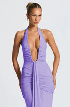 Solid Color Elegant Halterneck V-neck Open Back Tie Gathered Maxi Dress