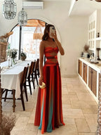 Vestido largo de vacaciones con hombros descubiertos, aberturas torcidas y estampado de malla Sardinia Sunset