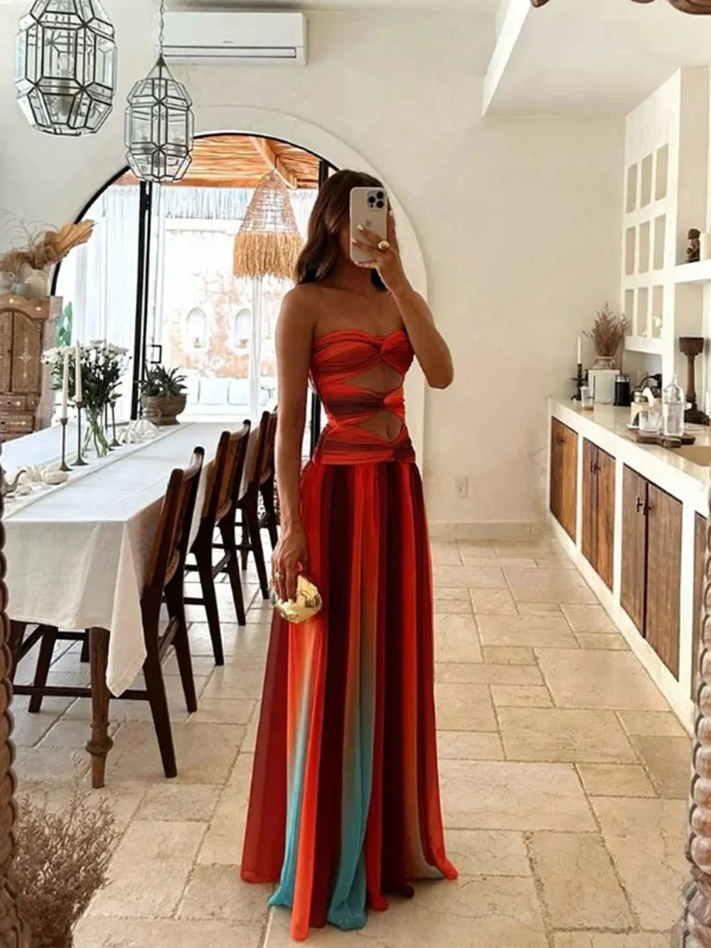 Sardinia Sunset Mesh Printed Twist Cutout Off Shoulder Vacation Maxi Dress