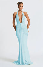 Solid Color Elegant Halterneck V-neck Open Back Tie Gathered Maxi Dress