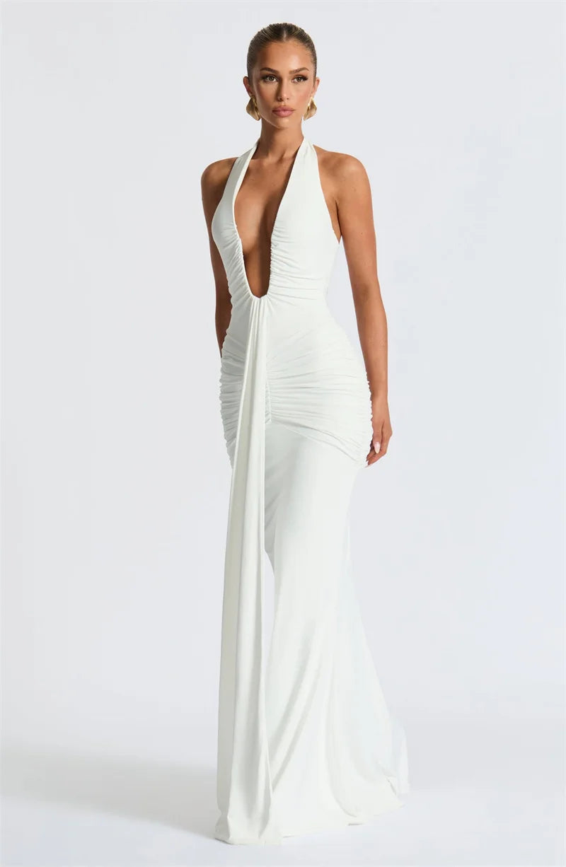 Solid Color Elegant Halterneck V-neck Open Back Tie Gathered Maxi Dress
