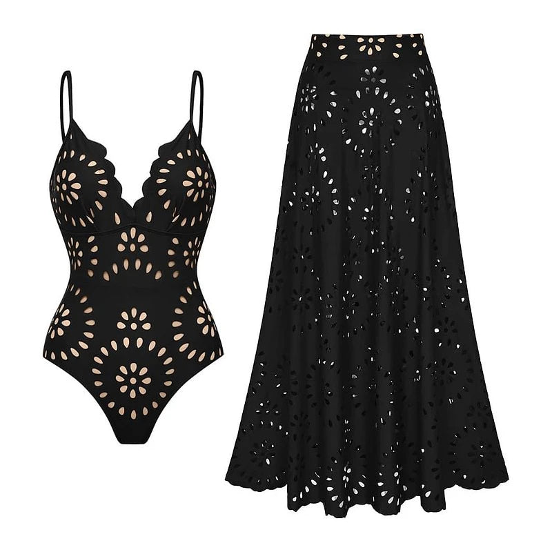 Flower Hollow One Piece Swimsuit & Skirt Set