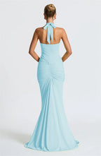 Solid Color Elegant Halterneck V-neck Open Back Tie Gathered Maxi Dress