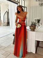 Vestido largo de vacaciones con hombros descubiertos, aberturas torcidas y estampado de malla Sardinia Sunset