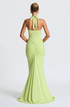 Solid Color Elegant Halterneck V-neck Open Back Tie Gathered Maxi Dress
