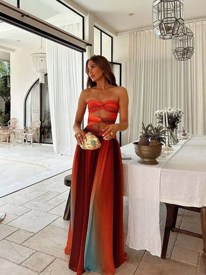 Sardinia Sunset Mesh Printed Twist Cutout Off Shoulder Vacation Maxi Dress