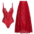 Flower Hollow One Piece Swimsuit & Skirt Set