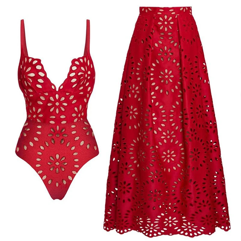 Conjunto de traje de baño de una pieza y falda con estampado floral