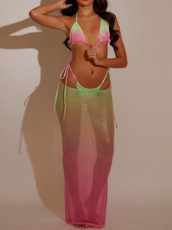 Conjunto de bikini sexy de 3 piezas con degradado brillante