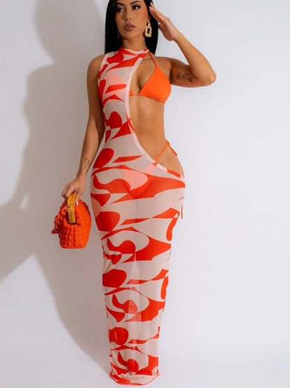 Conjunto de bikini de 3 piezas de malla transparente con estampado de leopardo