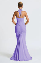 Solid Color Elegant Halterneck V-neck Open Back Tie Gathered Maxi Dress