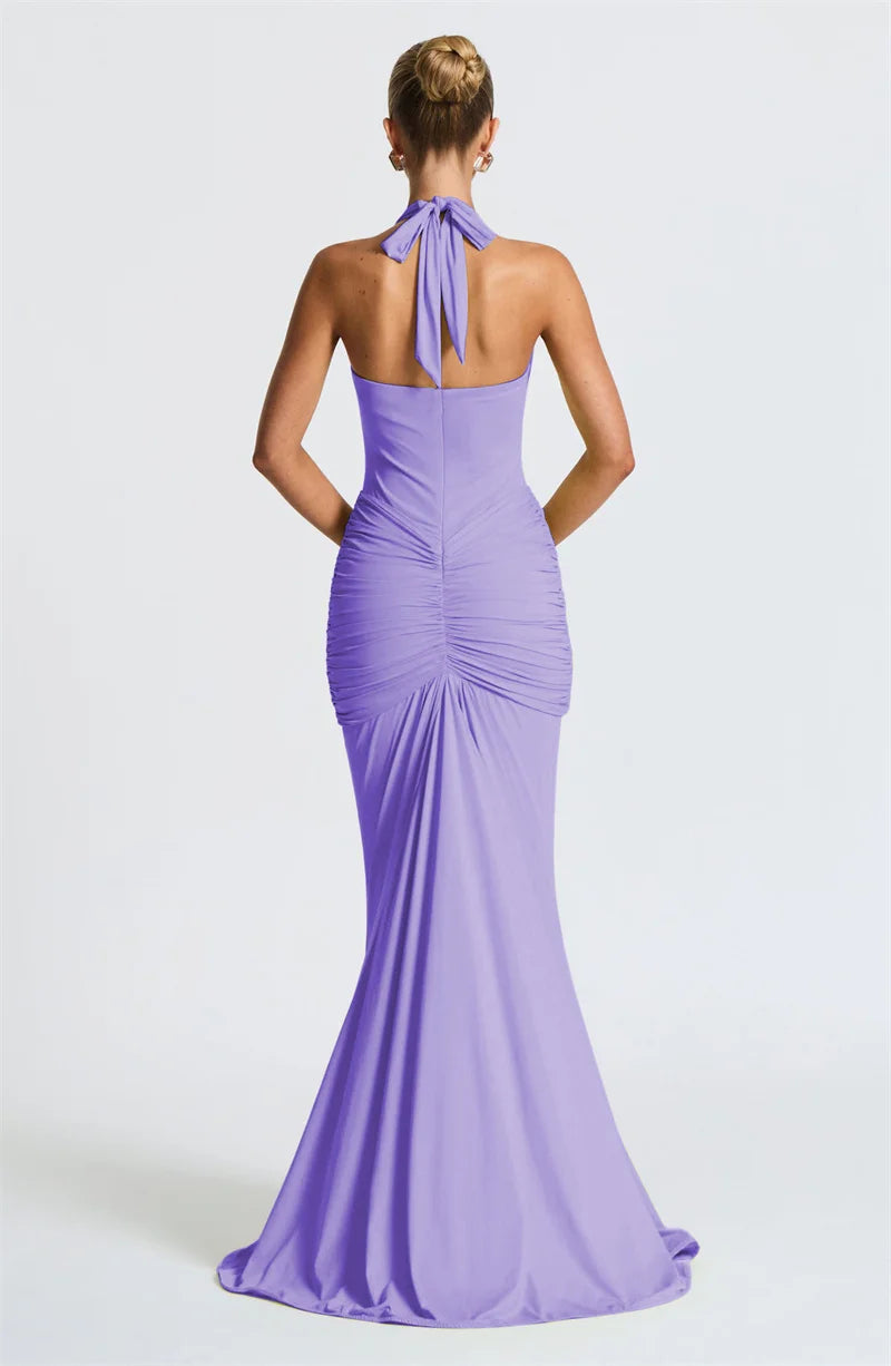 Solid Color Elegant Halterneck V-neck Open Back Tie Gathered Maxi Dress