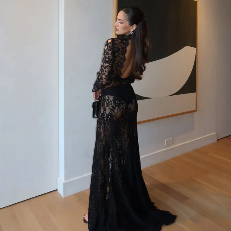 Dark Night Charm Sheer Lace Cutout Long Sleeve Stretch Maxi Dress