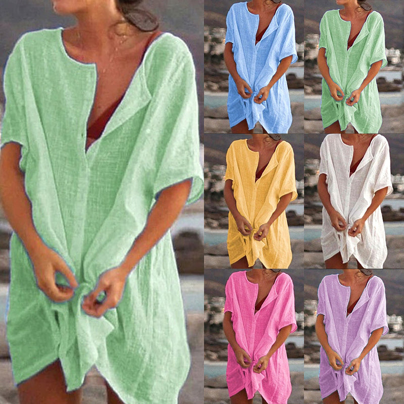 Plain long cotton and linen shirt