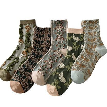 5 pares de calcetines de algodón con flores para mujer