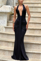 Solid Color Elegant Halterneck V-neck Open Back Tie Gathered Maxi Dress