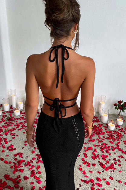 Vestido largo elástico con cuello halter, aberturas y lazos, de punto de crochet, sexy y fresco 