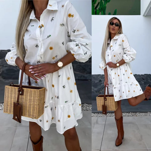 Rosa - White Shirt Dress with Daisy Floral Design