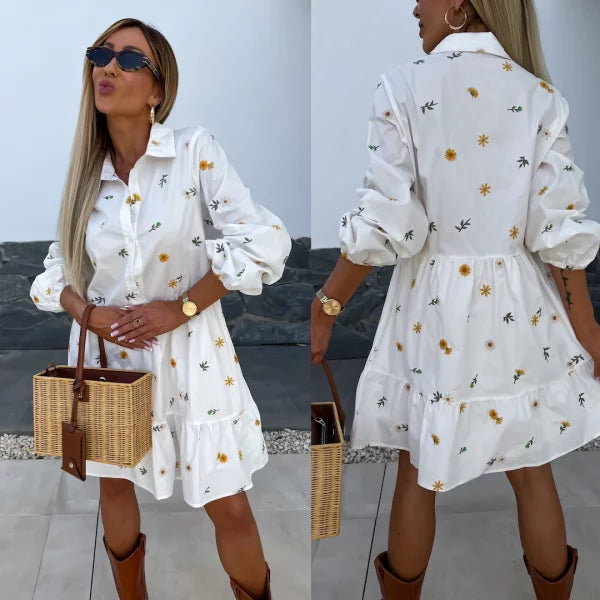Rosa - White Shirt Dress with Daisy Floral Design