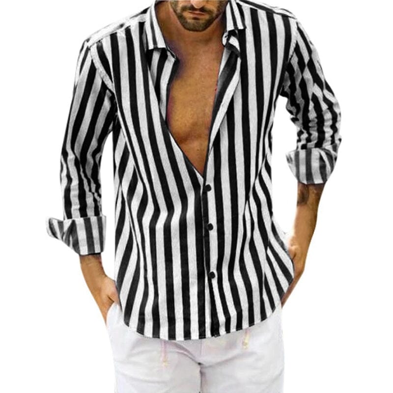 Men's Summer Sequin Cotton Linen Striped Button Down Shirt.