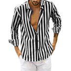 Men's Summer Sequin Cotton Linen Striped Button Down Shirt.