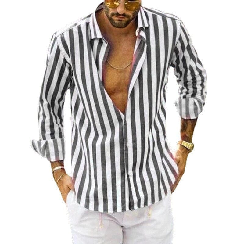 Men's Summer Sequin Cotton Linen Striped Button Down Shirt.