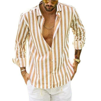 Men's Summer Sequin Cotton Linen Striped Button Down Shirt.