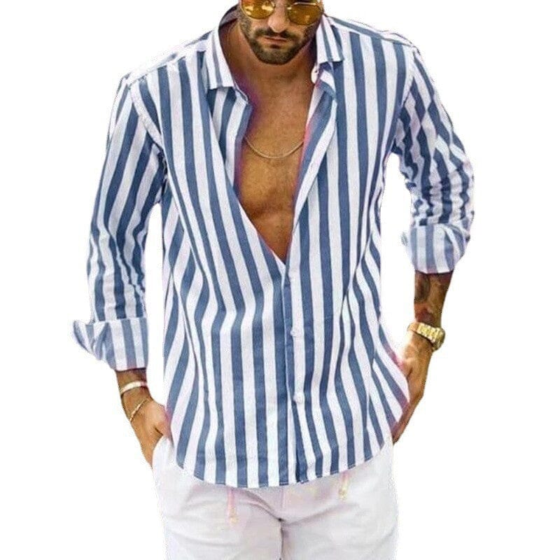 Men's Summer Sequin Cotton Linen Striped Button Down Shirt.