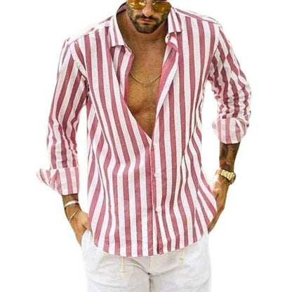 Men's Summer Sequin Cotton Linen Striped Button Down Shirt.