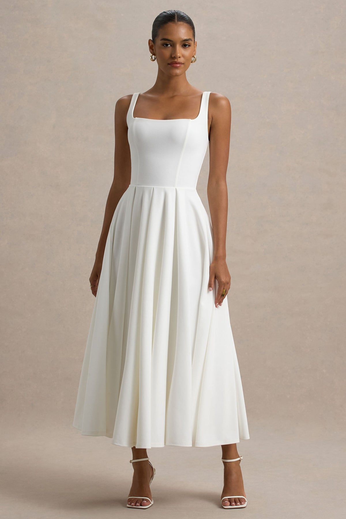 Parina | Vestido midi blanco con escote cuadrado y falda voluminosa